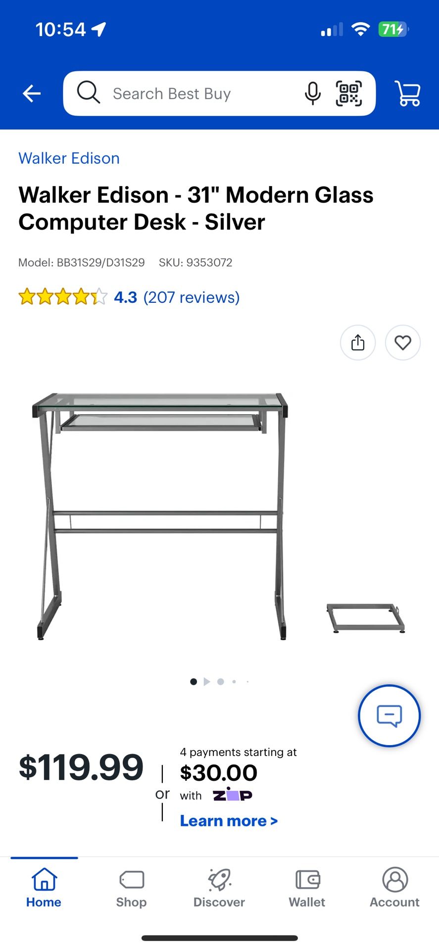 Walker Edison 31" Modern Glass Computer Desk - Silver