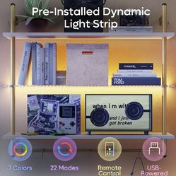 Bestier 41" Floating Shelves for Wall with LED Light 3-Tier Wall-Mounted Wood Shelves with 8 S-Hooks, White Finish & Gold Frame