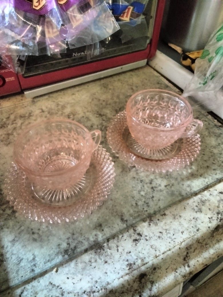 2 Tea Cup/Saucer Pink Depression Glass Sets - Jeanette/Anchor Hocking