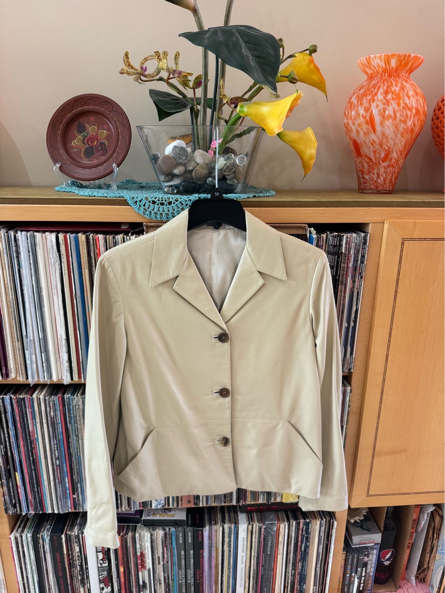 PRICE DROP:Barneys New York lined, bone LAMBSKIN LEATHER Button-Front Blazer, L