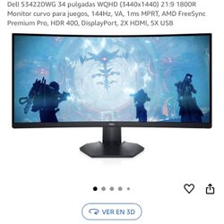 DELL S3422DWG. 4K CURVED GAMING Monitor WQHD, 34 Inch, 1ms Response.144 HZ.  ( 3440 X 1440 ) VESA Mount AMD FreeSync. PREMIUM Pro COLOR. 5 X USB