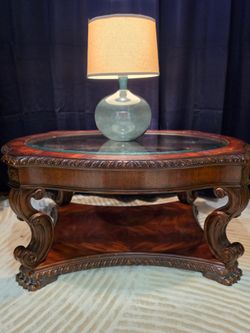 Traditional Solid Wood Coffee Table with Glass Insert Top