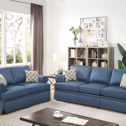 Brand New Glossy Blue Or Charcoal Linen Sofa + Loveseat 2PCs Set