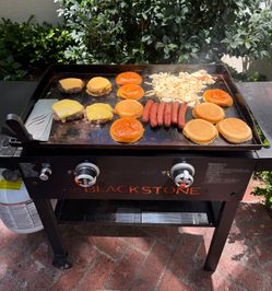 2 Burner Blackstone griddle, well seasoned, with cooking tools, tank not included