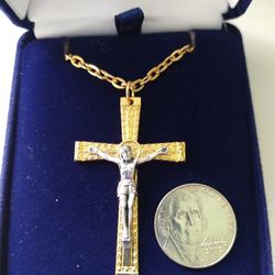 1  1/2 Inch 2 Tone Crucifix With A 24 Inch Gold-plated Cable Chain Necklace