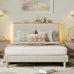 Queen Bed Frame with Adjustable Headboard & LEDLighting, Corduroy Upholstered Platform Bed Frame withStorage Shelf, Solid Wood Slats, No Box Spring Ne