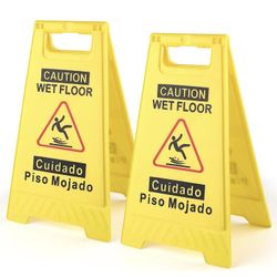 2 Pack Caution Wet Floor Sign 17.5" Double-Sided Foldable A-Frame Design Safety Warning Signs,Bilingual Caution Message for Commercial Use,Pool(Yellow