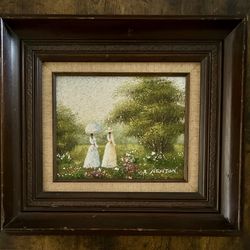 This is a vintage oil painting signed by the artist Newton, depicting a landscape with two women in Victorian-era attire.  The painting is on canvas a