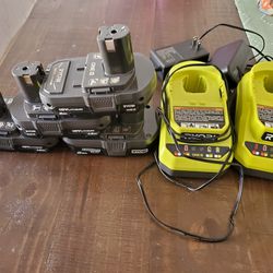 4 Ryobi ONE+ 18v Lithium Batteries And 2 Chargers