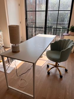 White Desk, Velvet Shell Office Chair and Lamp