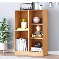IOTXY Open Shelf Low Bookcase - Wooden 3-Tier Floor Standing Display Cabinet Organizer with Base, 5 Cubes Short Horizontal Bookshelf in Pear Yellow