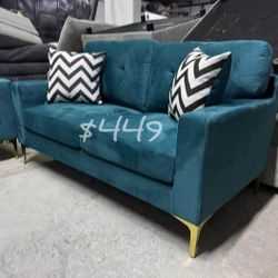 Modern 2-pc Sofa Set Loveseat & Sofa Teal Velvet Upholstery NEW