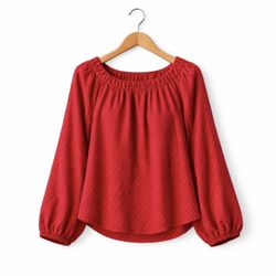 Loft Outlet Tango Red Textured Boho Blouse Women’s Medium Smocked Neck Raglan sleeve Lined
