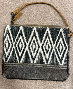 Myra Bag Wrist Sachel leather and cotton.