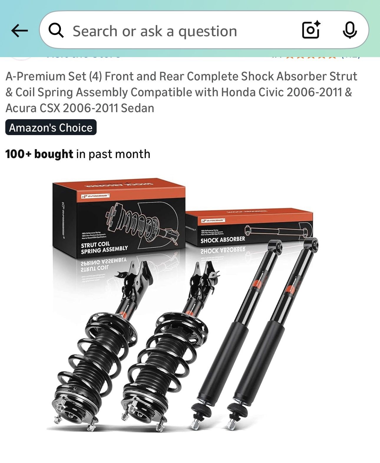 A-Premium Set (4) Front and Rear Complete Shock Absorber Strut & Coil Spring Assembly Compatible with Honda Civic 2006-2011 & Acura CSX 2006-2011 Seda