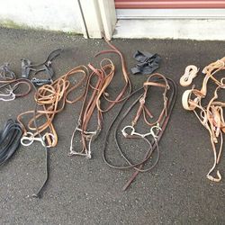 3 Horse Bridles Leather Straps And Assorted Tack