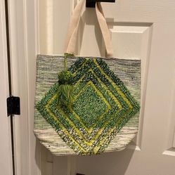 Large Tote Bag Embroidered By Panache 17L x19Hx - Green/Cream 