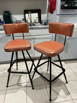 Set of 2 VINTAGE mid century modern atomic barstools wrought iron swivel vinyl cushion orange