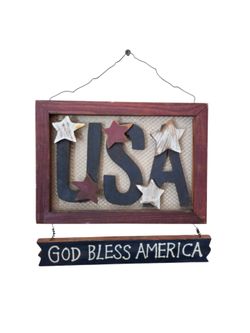 Rustic Primitive Wood USA God Bless America Wall Sign Patriotic Decor Hanging