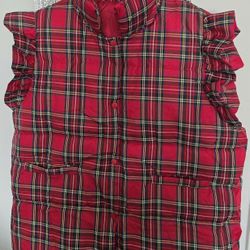 Chaleco Acolchonado Con Diseño A Cuadros Con Volantes Y Bolsillos Para Mujer,  Sin Mangas Medida XL Color Rojo Con Rayas Azules 