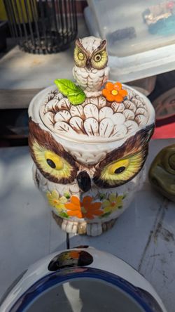 Vintage 1970s Ceramic Owl Cookie Jar w/ Baby Owl Lid - Retro Floral Kitsch