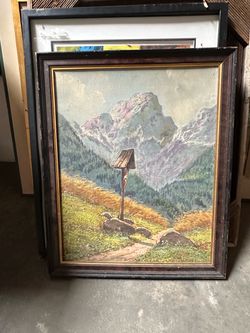 Framed Alpine Landscape Oil Painting