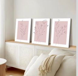 New Set of 3 Light Pink & White Flower Wall Art Botanical Line Pictures Decor Canvas Print Painting, Girls Room