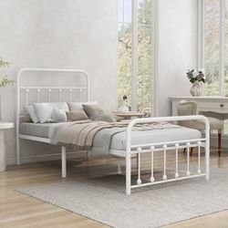 Twin White Metal Bed Frame with Headboard and Footboard