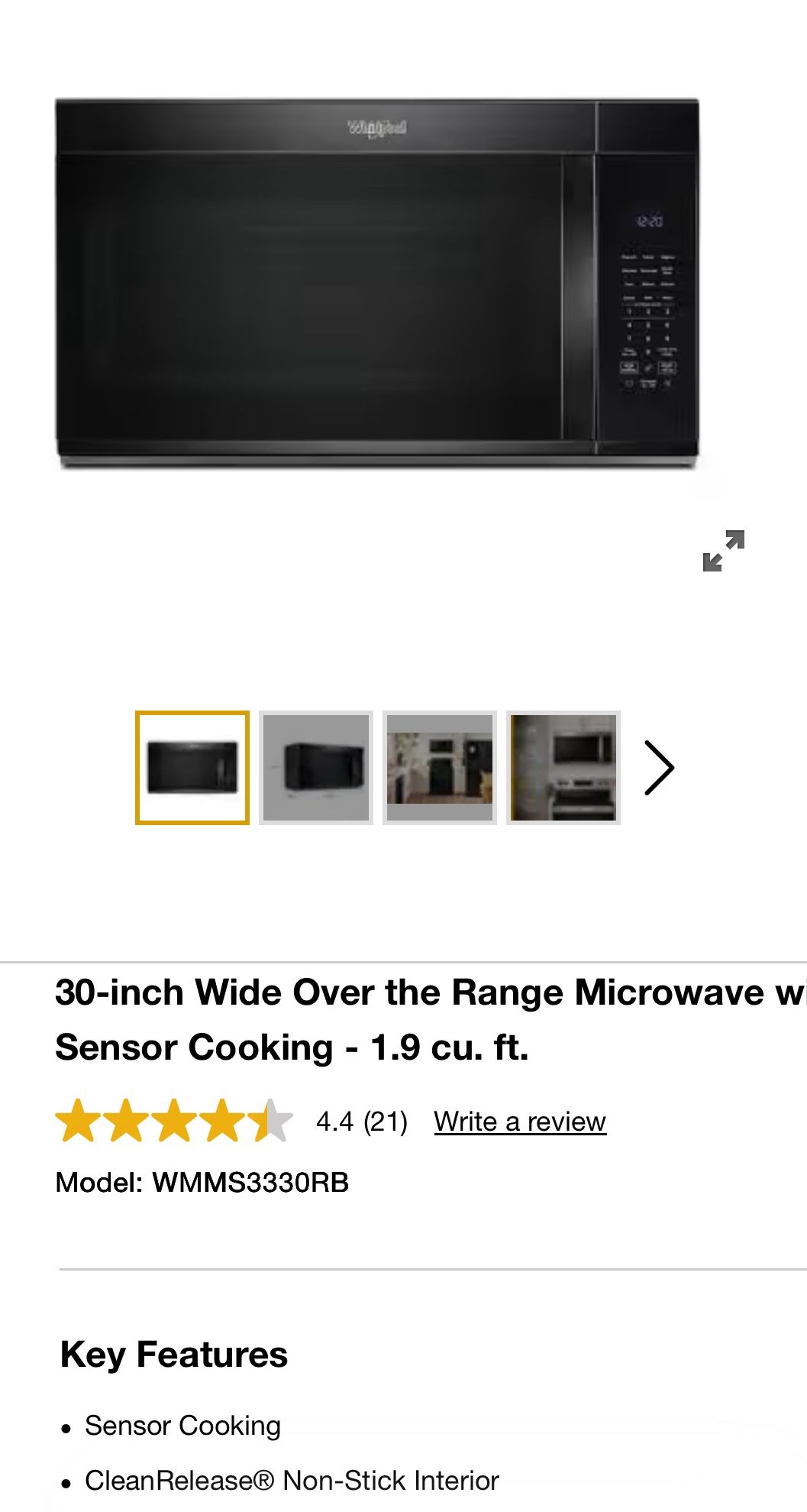 Whirlpool 30 in. Over-the-Range Microwave in Black with Sensor Cooking