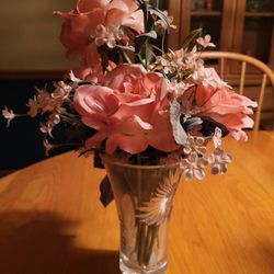 Flower Arrangement In Crystal Vase.  Vase Is 6” Tall. Total Height Is 12” 