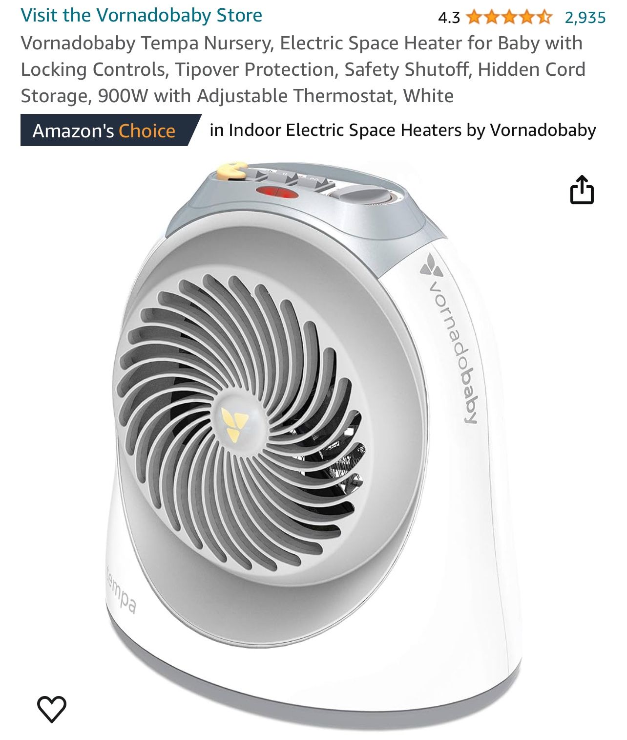 New Vornadobaby Sensa Electric Space Heater For Nursery
