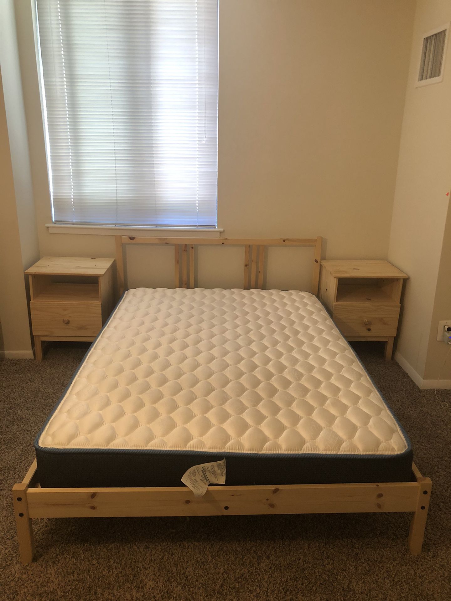 1 bed single and a half with mattress and 2 small bedside table, chest of drawers