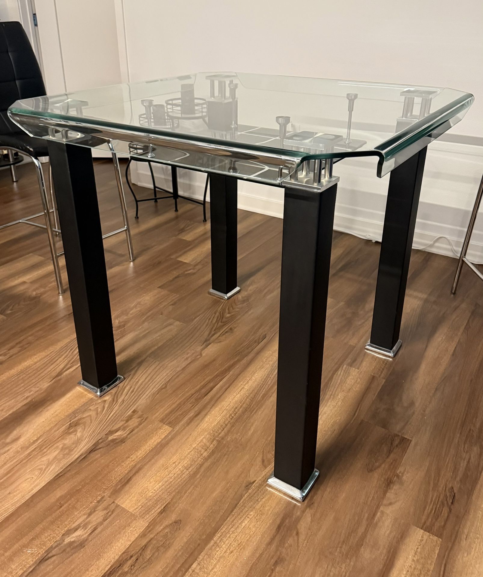 Glass Dining Table, Coffee Table, End Table Set With Black and Silver On Base And 4 Chairs & 3 Barstools