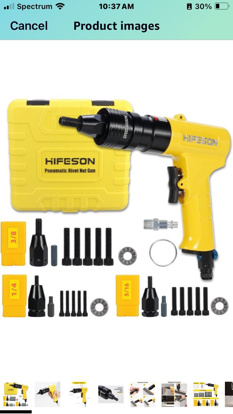 NWOT HIFESON Pneumatic Rivet Nut Gun with 1/4 & 5/16 & 3/8 Self-Locking Head Gun