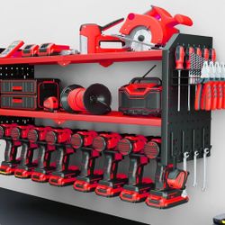 KAFAHOM Power Tool Organizer, Large 8 Drill Holder Wall Mount with 2 Side Pegboards, Heavy Duty Metal Tool Shelf with 12 Hooks, Storage Rack for Garag