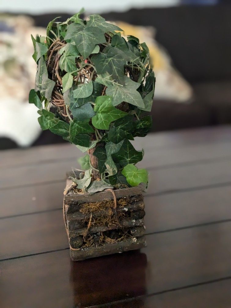 Artificial Ball Topiary English Ivy Wood Stem with Wooden & Moss Planter