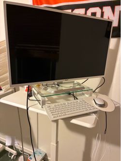 Acer monitor, macally keyboard, mouse, mouse pad, computer stand, stand up desk