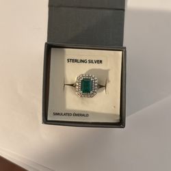 New Sterling Silver Ring Simulated Stones Emerald 