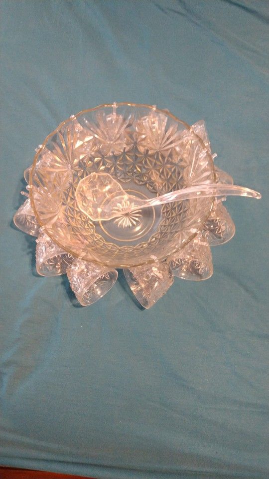 Vintage Pressed Glass Punch Bowl Set