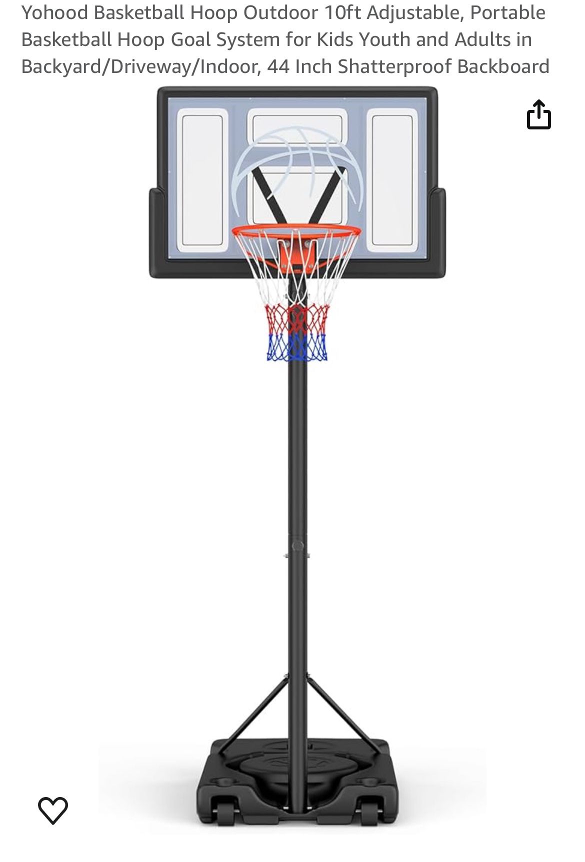 Yohood Basketball Hoop Outdoor 10ft Adjustable, Portable Basketball Hoop Goal System for Kids Youth and Adults in Backyard/Driveway/Indoor, 44 Inch Sh