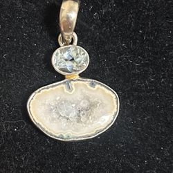 Handcrafted seafoam agate with blue topaz stone set in silver pedant 