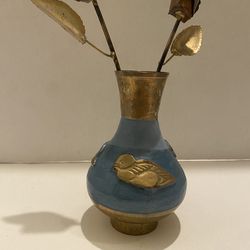 Brass and enamel vase wih ducks and metal flowers. Artist signed. Vintage/ Farmhouse / Cabin / Cottage/ Rustic Decor.