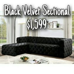 Beautiful Black Velvet Sectional All Over Button Tuft Chaise On Left Side Firm Price $1,599 Financing Available Brand New In Box 