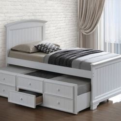 Brand New White Twin Size Bed Frame w Trundle Bed + Drawers 