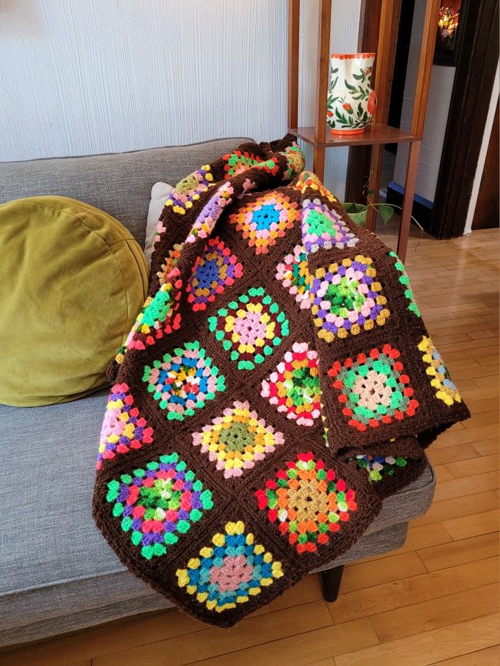 Vintage 70s Granny Square Colorful Boho Crochet Afghan Blanket Handmade 38x50.5