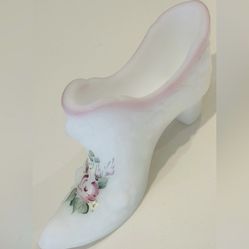 FENTON Fine Art Satin Glass Shoe Slipper Boot Figurine Orig Vintage CABBAGE ROSE
