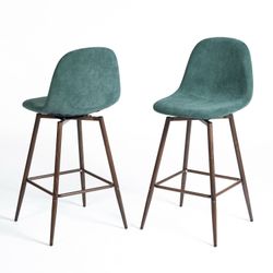 Homy Casa Charlton Counter 2PC 26" Teal Terry Green Swivel Counter Barstool with Walnut Metal Legs
