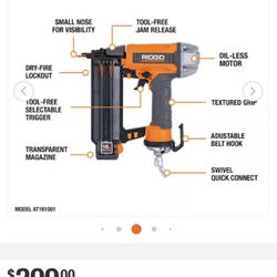 RIDGID Pneumatic 18-Gauge 2-1/8 in. Brad Nailer with CLEAN DRIVE Technology New Box $40