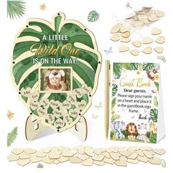 Wild One Leaf-Shaped Baby Shower Guest Book Set - Green 65 Pieces