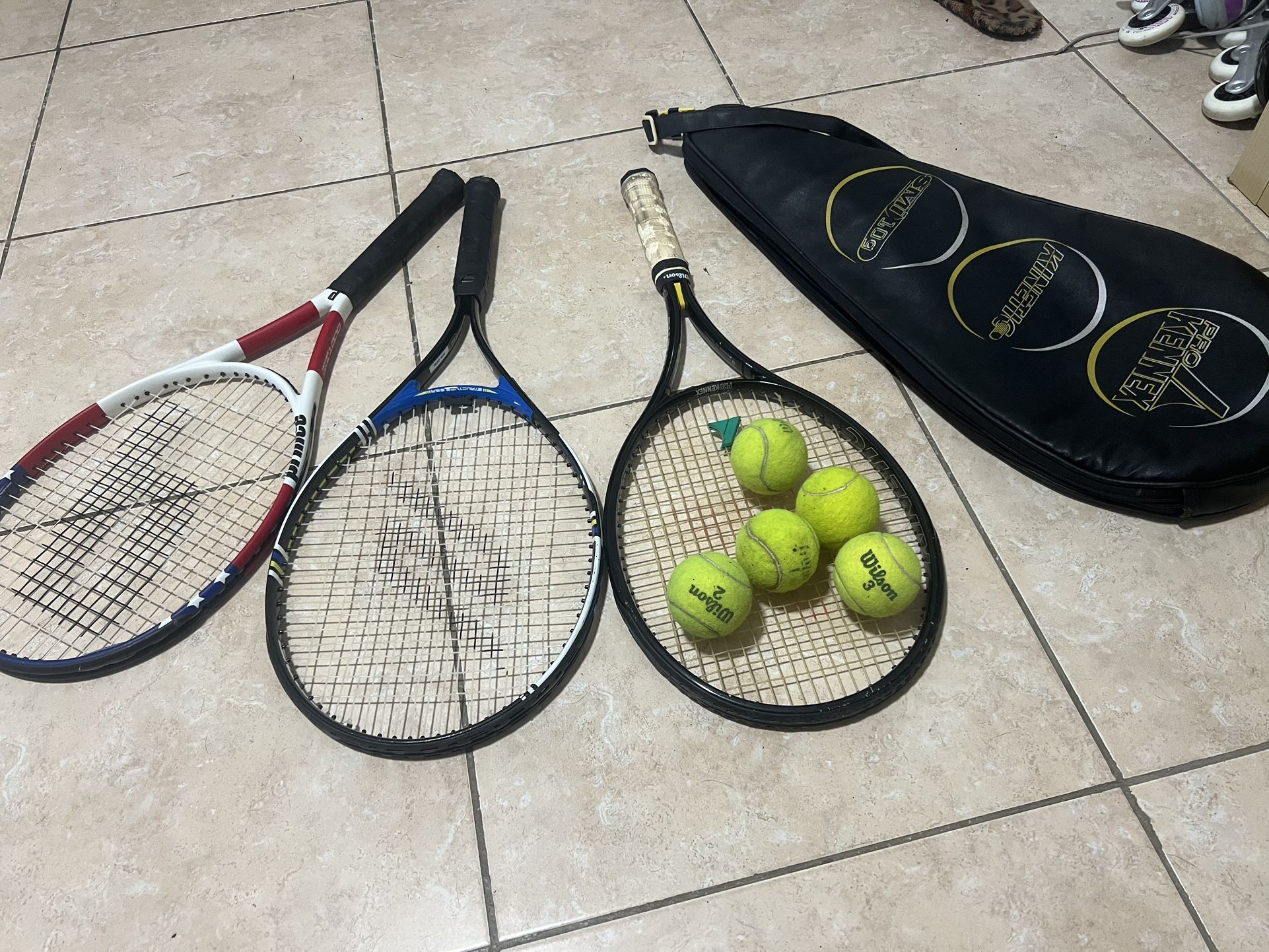 4 Tennis Rackets And Balls Plus One Carry Bag
